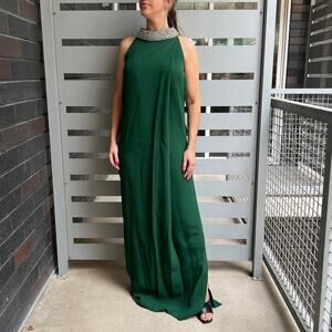 RAOUL Green Silk Embellished High Neck Column Gown Size 6